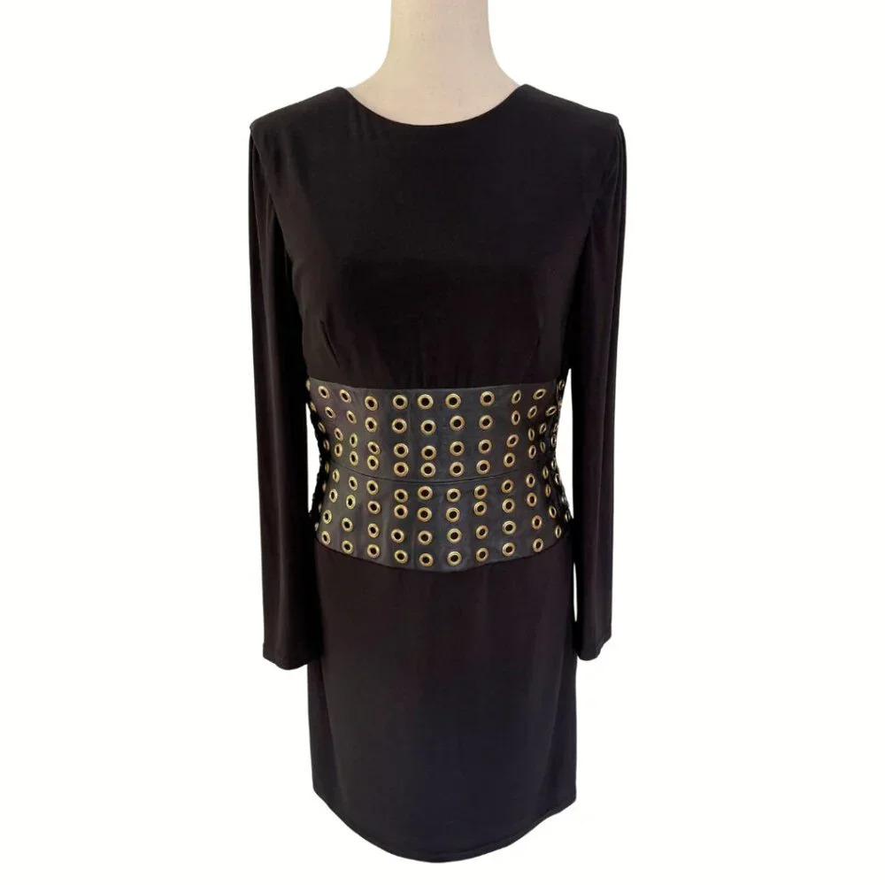 Jovani Faux Leather Long Sleeve Low Back Black Dress Size 10 Cocktail Mini Sexy - Picture 3 of 12